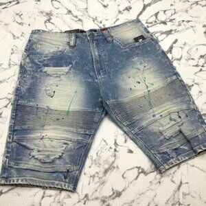 Men’s Makobi Mid Blue Stone Wash Ripped Denim Shorts NWT